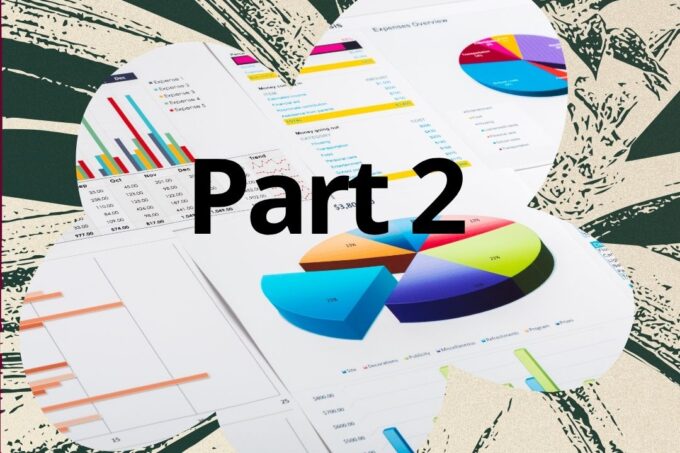 Collage of different graphs and charts with the words Part 2 over an abstract green and beige design