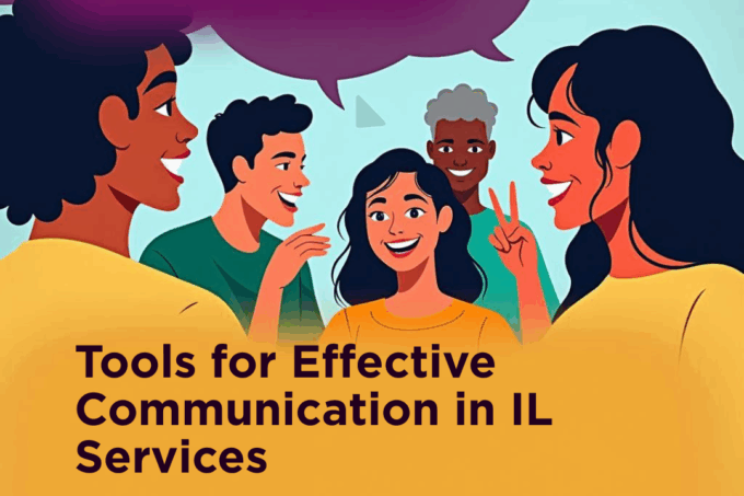 Illustration of five people conversing with the text "Language Matters!" and more text below. Transcribed Text: Language Matters! Tools for Effective Communication in IL Services Explore practical ways CILs can improve communication access for all consumers