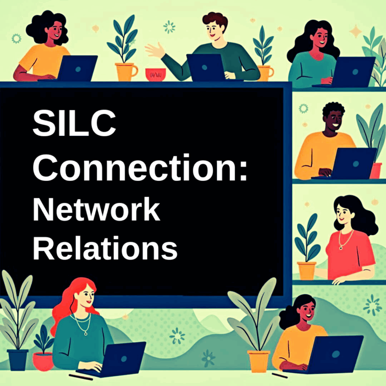 Cartoon graphic of different people sitting at desks on laptops with SILC Connection: Network Relations written in the middle.
