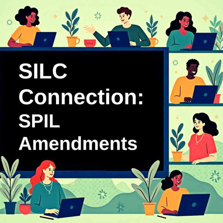 Cartoon graphic of different people sitting at desks on laptops with SILC Connection: SPIL Amendments written in the middle.