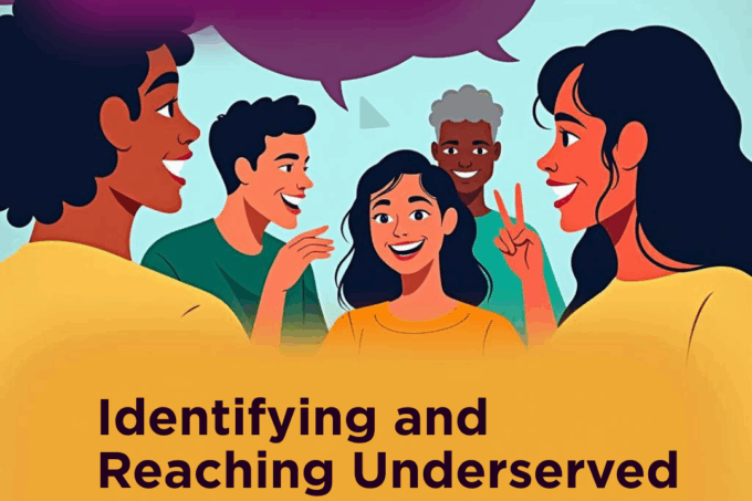 Illustration of diverse individuals in conversation with a purple speech bubble and text on a yellow background. Transcribed Text: Expanding Access: Identifying and Reaching Underserved Populations in IL.