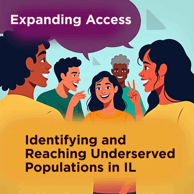 Illustration of diverse individuals in conversation with a purple speech bubble and text on a yellow background. Transcribed Text: Expanding Access: Identifying and Reaching Underserved Populations in IL.