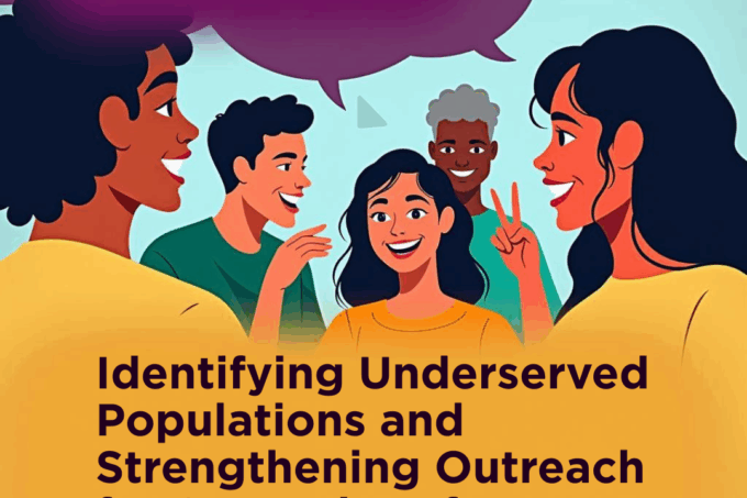 Illustration of diverse individuals in conversation with a purple speech bubble and text on a yellow background. Transcribed Text: Reaching the Unheard Identifying Underserved Populations and Strengthening Outreach for State Plans for Independent Living