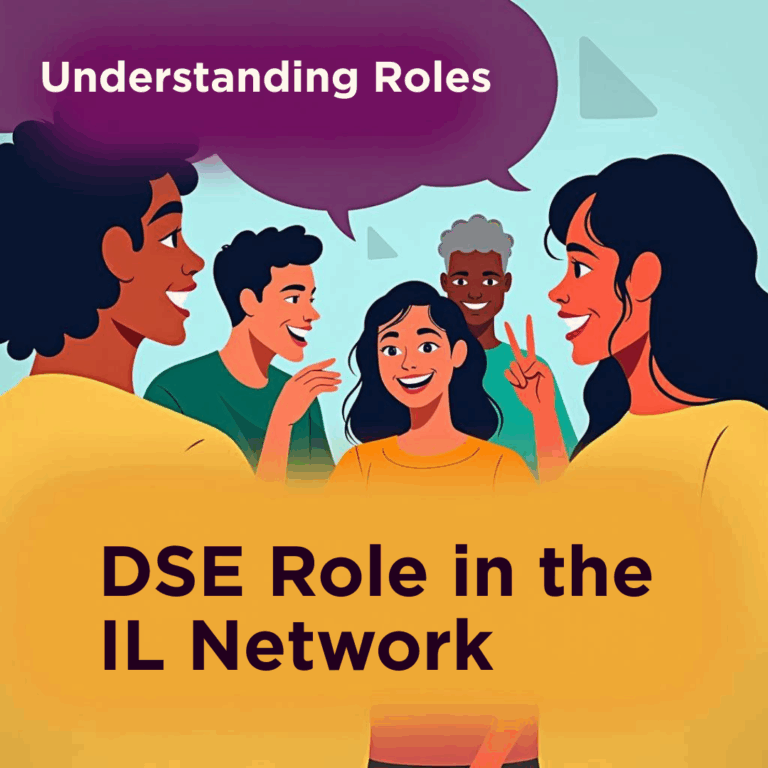 Illustration of five people talking with "Understanding Roles" in a speech bubble and "DSE Role in the IL Network" in the foreground. Transcribed Text: Understanding Roles DSE Role in the IL Network