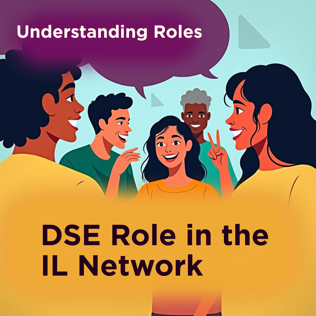Illustration of five people talking with "Understanding Roles" in a speech bubble and "DSE Role in the IL Network" in the foreground. Transcribed Text: Understanding Roles DSE Role in the IL Network