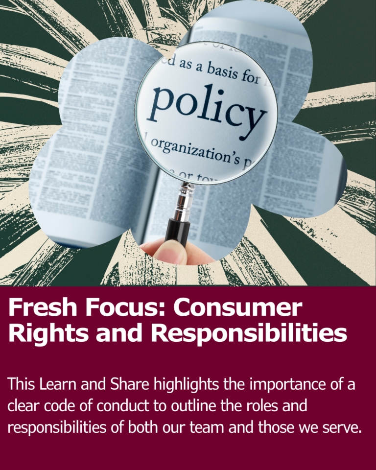 A magnifying glass highlighting the dictionary word "policy" with the title of the Learn and Share, Fresh Focus: Consumer Rights and Responsibilities below.