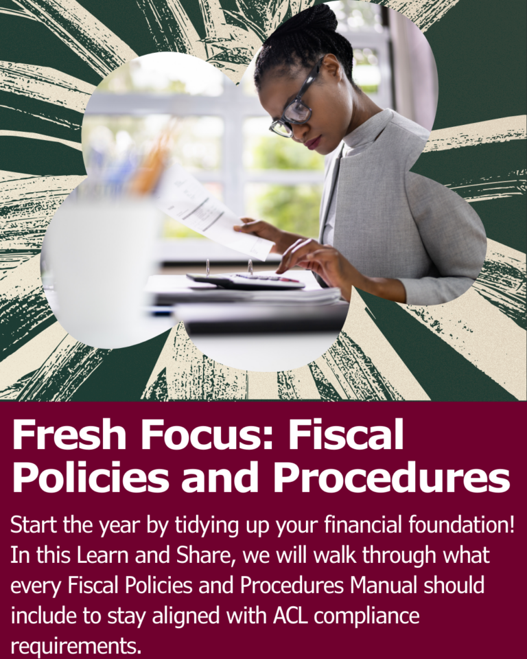 A photo of a woman using a calculator with the title of the Learn and Share, Fresh Focus: Fiscal Policies and Procedures with a description.