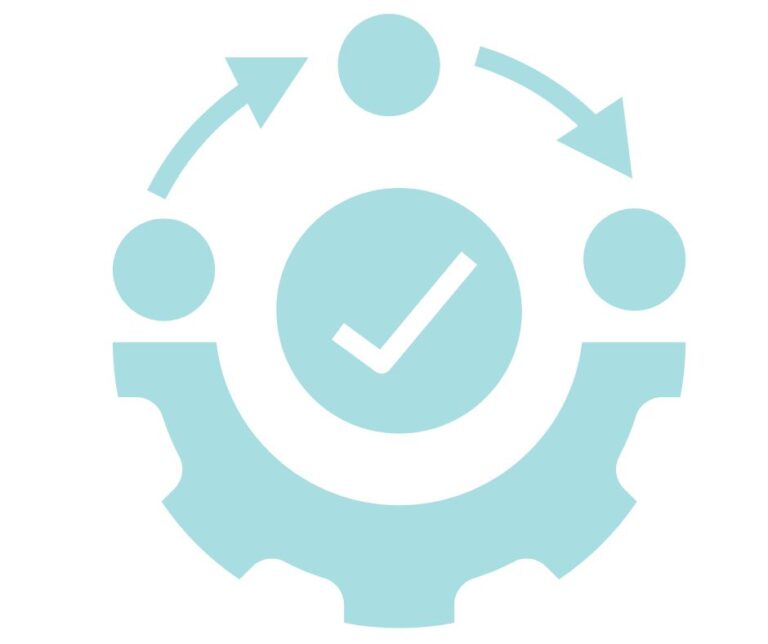 An icon symbol of a gear with arrows and a checkmark in the middle.