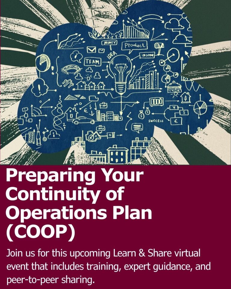 A graphic that shows a collage of drawings that relate to planning with a large lightbulb in the middle and many graphs. The title of the presentation, "Preparing Your Continuity of Operations Plan (COOP), and the text, "Join us for this upcoming Learn & Share virtual event that includes training, expert guidance, and peer-to-peer sharing.
