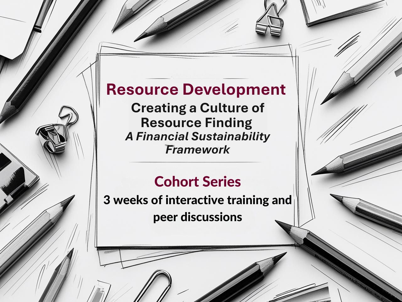 The title of the cohort with a graphic sketch of pencils and office supplies around it.