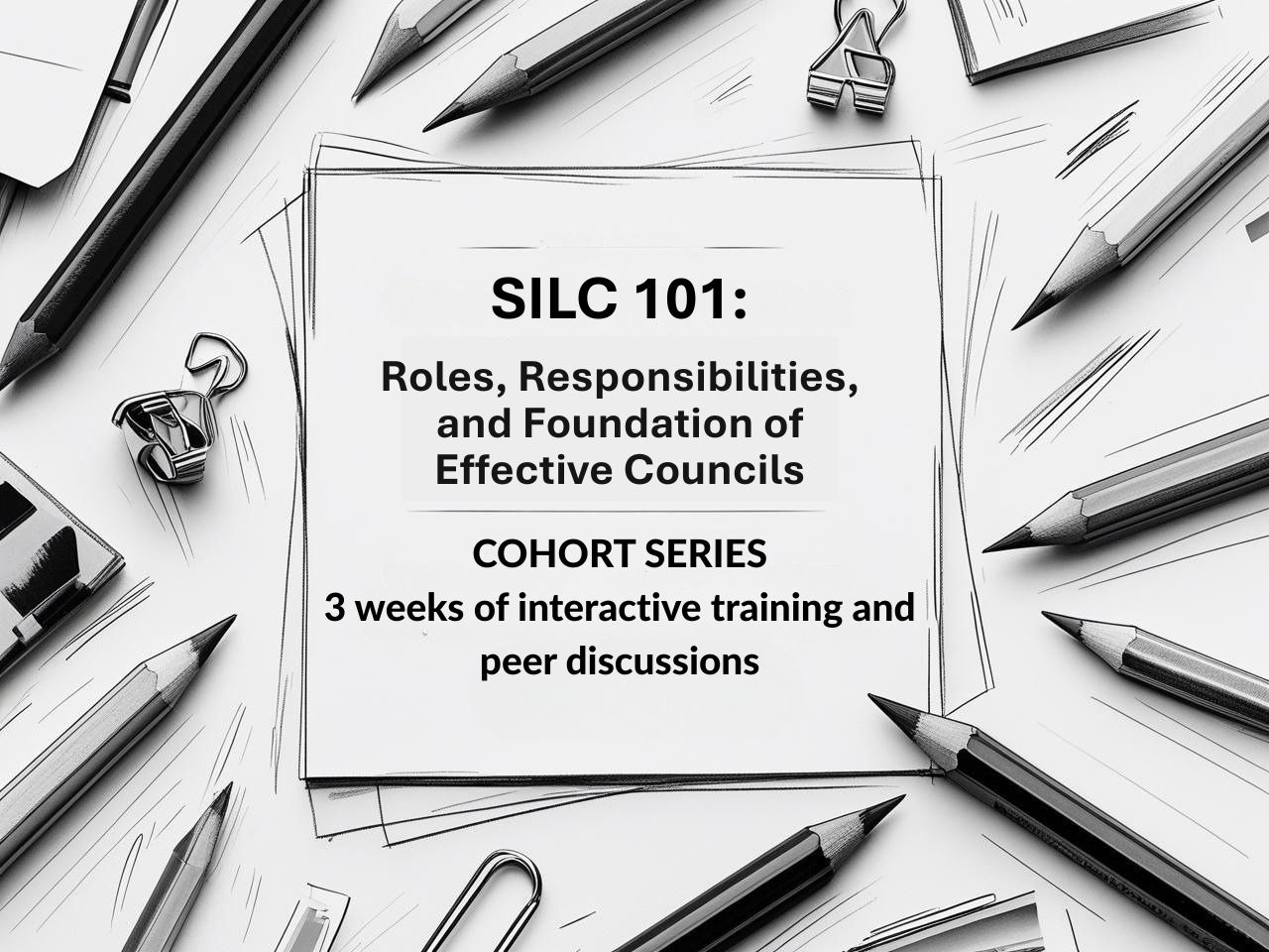 The title of the cohort with a graphic sketch of pencils and office supplies around it.