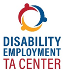 Logo for the Disability Employment TA Center, featuring three abstract human figures in red, blue, and gold forming a circle above the words “Disability Employment TA Center.