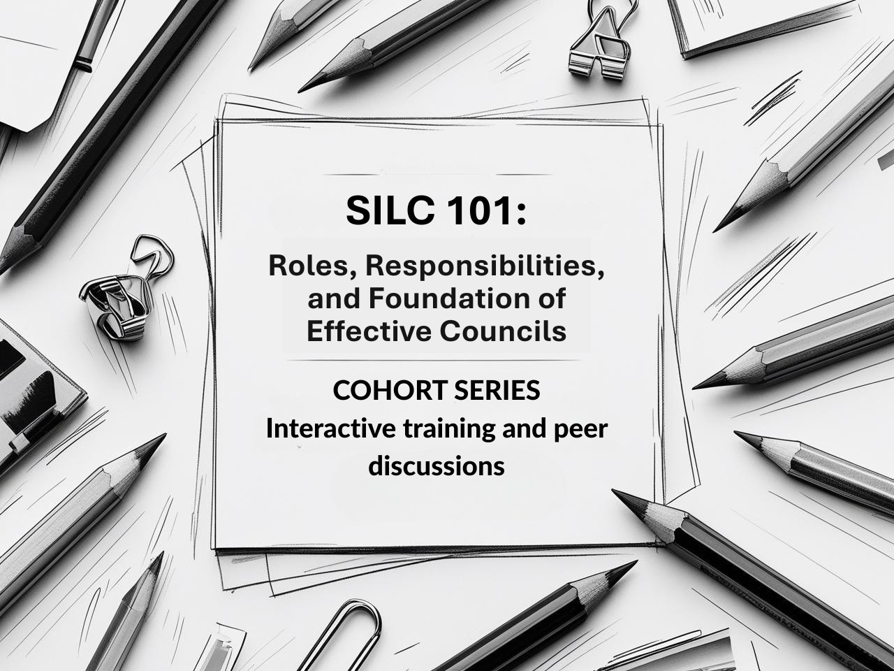 The title of the cohort with a graphic sketch of pencils and office supplies around it.