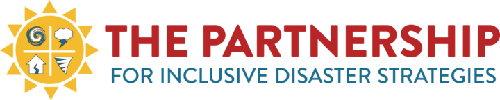 A logo featuring a stylized yellow sunburst emblem with four quadrants (depicting a swirl, a cloud with lightning, an upward arrow, and a wave) beside the text “The Partnership for Inclusive Disaster Strategies” in red and blue lettering.