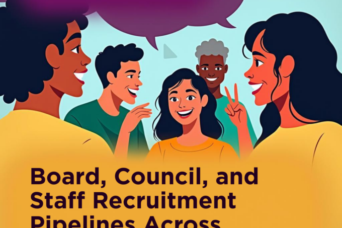 Illustration of people communicating, with text about board, council, and staff recruitment.