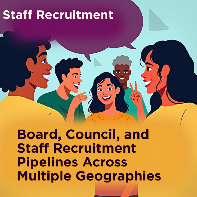 Illustration of people communicating, with text about board, council, and staff recruitment.