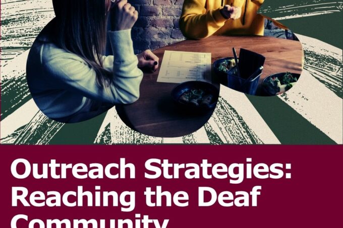 Graphic promoting a virtual event on outreach strategies for the Deaf community, featuring two people in conversation, one using sign language.