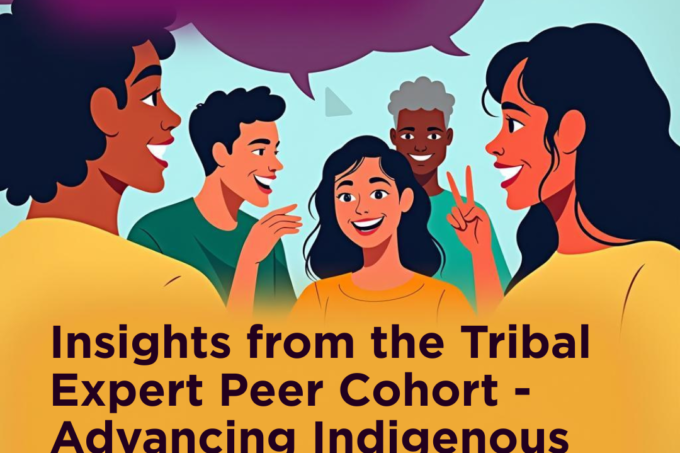 Illustration of a diverse group sharing perspectives, with text about advancing Indigenous independent living services.