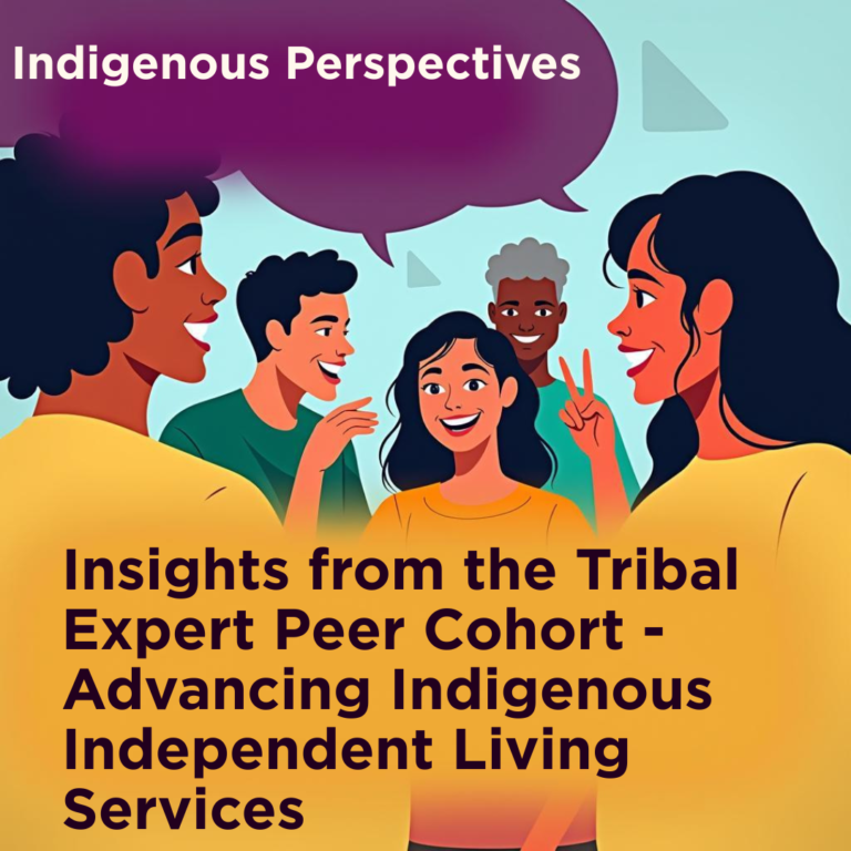 Illustration of a diverse group sharing perspectives, with text about advancing Indigenous independent living services.