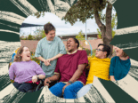 A diverse group of young adults laughing and enjoying each other's company outdoors. They are seated together under a tree, surrounded by an abstract, sunburst-style green and beige graphic design.