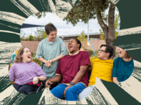 A diverse group of young adults laughing and enjoying each other's company outdoors. They are seated together under a tree, surrounded by an abstract, sunburst-style green and beige graphic design.