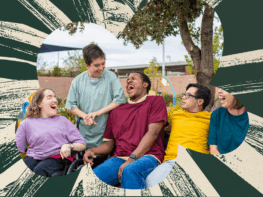 A diverse group of young adults laughing and enjoying each other's company outdoors. They are seated together under a tree, surrounded by an abstract, sunburst-style green and beige graphic design.
