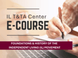 A photo of a person holding a pen and paper at a laptop with the words IL T and TA Center E-Course in large letters. The name of the course is below.