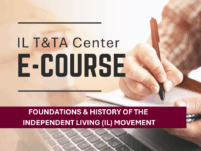 A photo of a person holding a pen and paper at a laptop with the words IL T and TA Center E-Course in large letters. The name of the course is below.