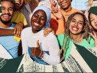 A diverse group of smiling young adults standing close together, expressing joy and unity. They are dressed in colorful clothing, with some making peace signs and one giving a thumbs-up. The background features an artistic green and beige sunburst pattern with circular photo cutouts.