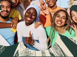 A diverse group of smiling young adults standing close together, expressing joy and unity. They are dressed in colorful clothing, with some making peace signs and one giving a thumbs-up. The background features an artistic green and beige sunburst pattern with circular photo cutouts.